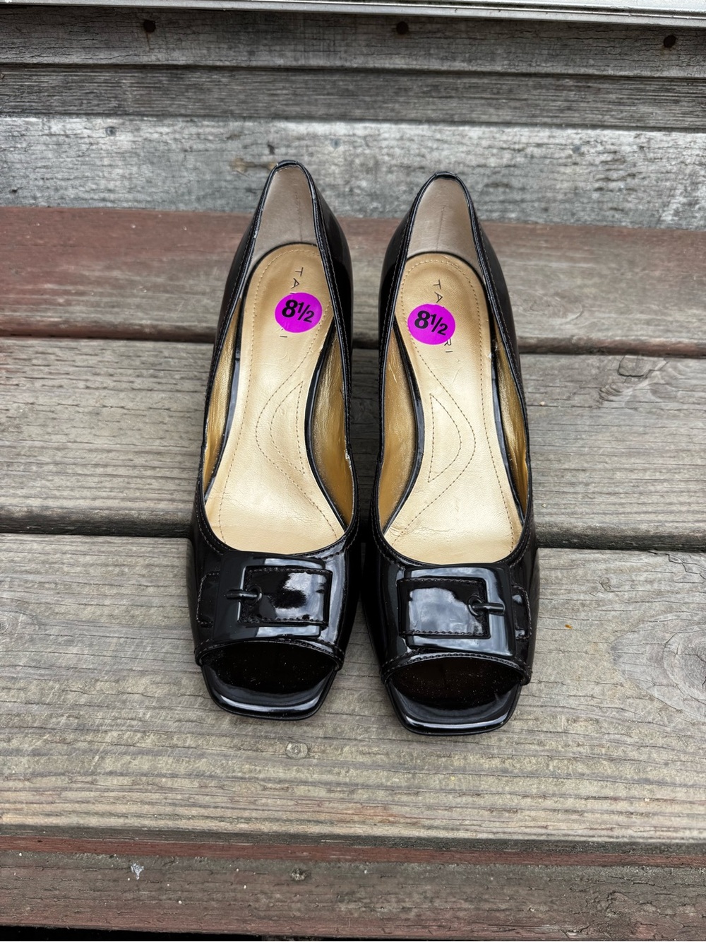 Tahari Dark Brown Patent Peep-Toe Heels with Front Buckle Size 8.5